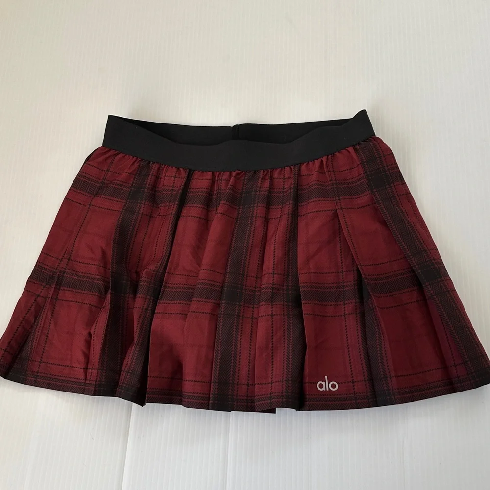 ALO Yoga Legacy Plaid Varsity Tennis Skirt Cranberry Black, S